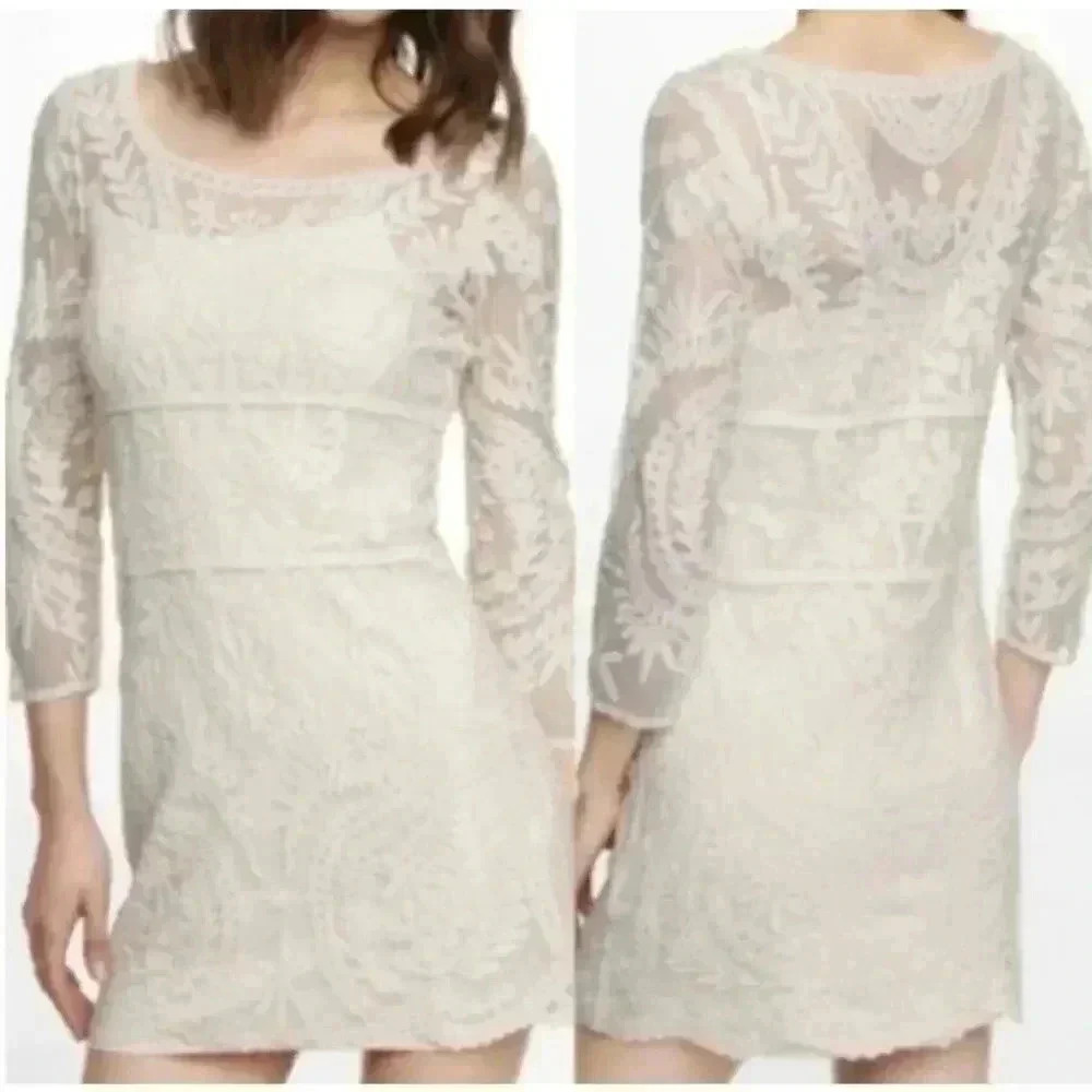 EXPRESS Lace Shift Dress with Slip Cream Color Size M